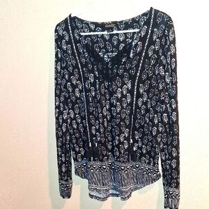 Lucky Brand Paisley Black And White Pesant Open Shoulder Top M